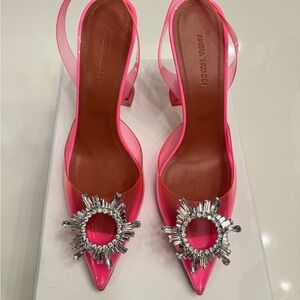 Amina Muaddi Vibrant Pink Heels with Crystal Embellishment